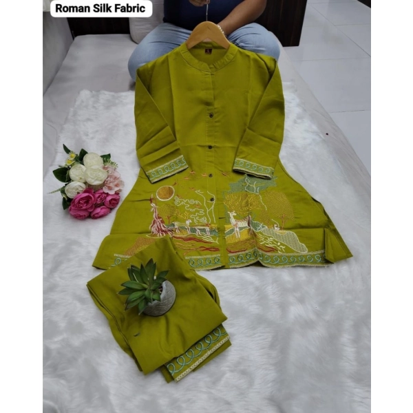 Dropship Women's Silk Embroidered 3/4th Sleeve Collar Neck Co-Ord Set (Green)