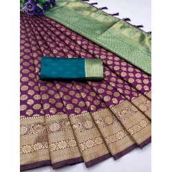 Women's Banarasi Silk Printed Saree With Unstitched Blouse 5.5Mtr (Wine)