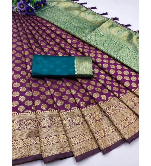 Women's Banarasi Silk Printed Saree With Unstitched Blouse 5.5Mtr (Wine)