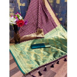 Women's Banarasi Silk Printed Saree With Unstitched Blouse 5.5Mtr (Wine)