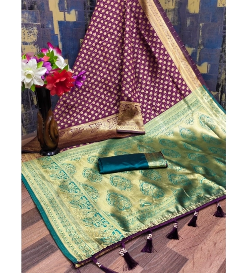 Women's Banarasi Silk Printed Saree With Unstitched Blouse 5.5Mtr (Wine)