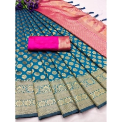 Women's Banarasi Silk Printed Saree With Unstitched Blouse 5.5Mtr (Blue)