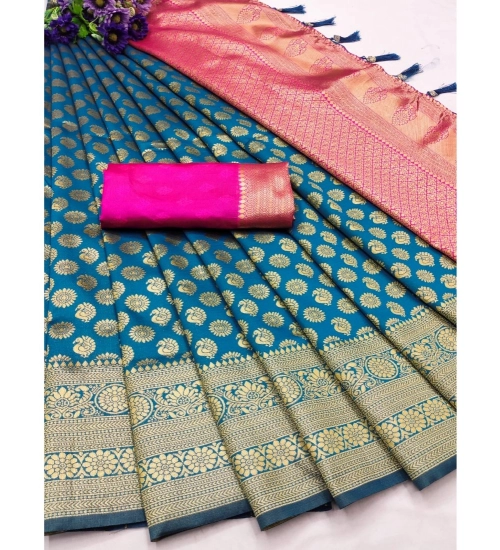 Women's Banarasi Silk Printed Saree With Unstitched Blouse 5.5Mtr (Blue)
