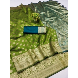 Women's Banarasi Silk Printed Saree With Unstitched Blouse 5.5Mtr (Green)