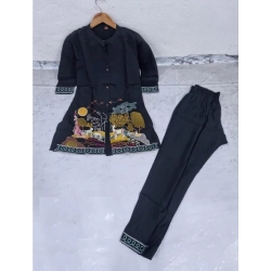 Women's Silk Embroidered 3/4th Sleeve Collar Neck Co-Ord Set (Blue)