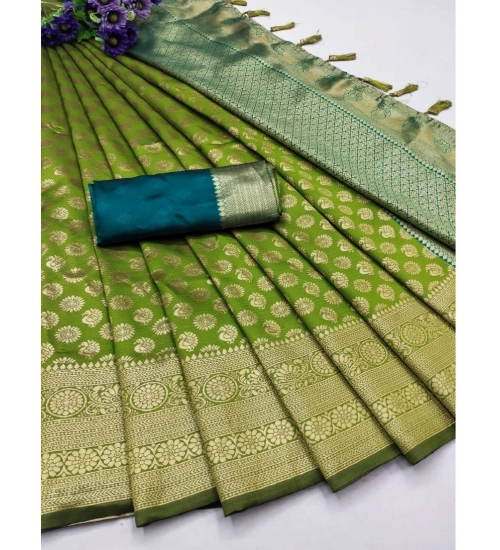 Women's Banarasi Silk Printed Saree With Unstitched Blouse 5.5Mtr (Green)