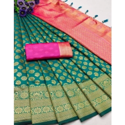 Women's Banarasi Silk Printed Saree With Unstitched Blouse 5.5Mtr (Green)
