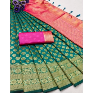 Generic Women's Banarasi Silk Printed Saree With Unstitched Blouse 5.5Mtr (Green)