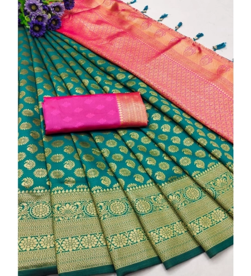Women's Banarasi Silk Printed Saree With Unstitched Blouse 5.5Mtr (Green)
