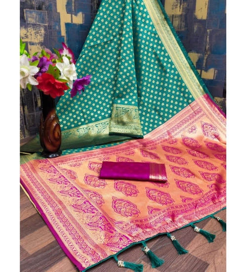 Women's Banarasi Silk Printed Saree With Unstitched Blouse 5.5Mtr (Green)
