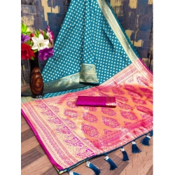 Women's Banarasi Silk Printed Saree With Unstitched Blouse 5.5Mtr (Blue)