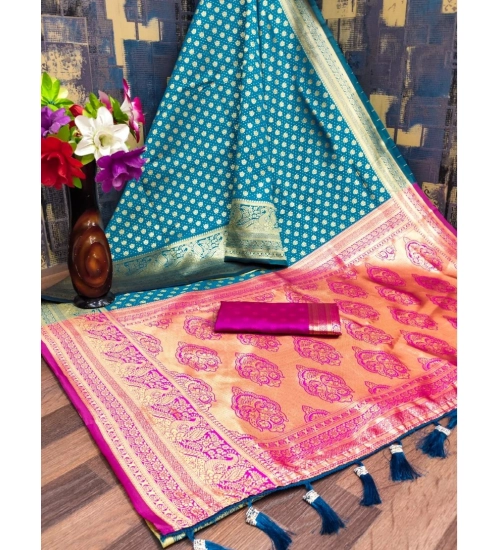 Women's Banarasi Silk Printed Saree With Unstitched Blouse 5.5Mtr (Blue)