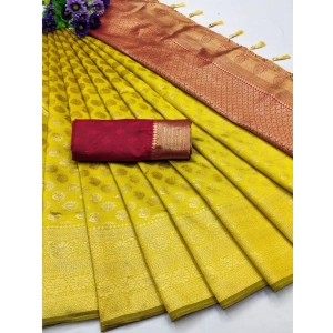 Generic Women's Banarasi Silk Printed Saree With Unstitched Blouse 5.5Mtr (Yellow)