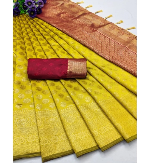Women's Banarasi Silk Printed Saree With Unstitched Blouse 5.5Mtr (Yellow)