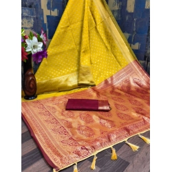 Women's Banarasi Silk Printed Saree With Unstitched Blouse 5.5Mtr (Yellow)
