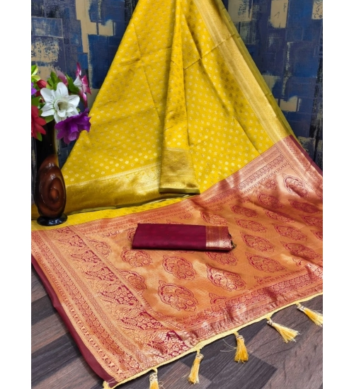 Women's Banarasi Silk Printed Saree With Unstitched Blouse 5.5Mtr (Yellow)