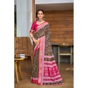 Generic Women's Cotton Printed Saree With Unstitched Blouse 5.5Mtr (Brown)
