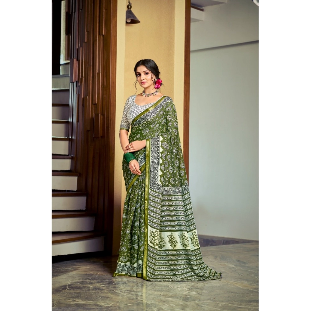 Generic Women's Cotton Printed Saree With Unstitched Blouse 5.5Mtr (Green)