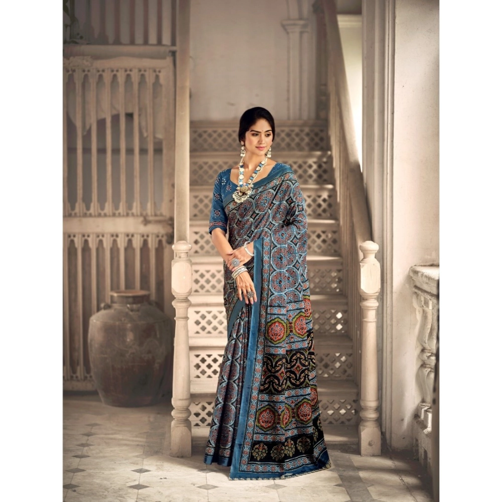 Generic Women's Cotton Printed Saree With Unstitched Blouse 5.5Mtr (Blue)
