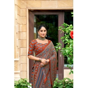 Generic Women's Cotton Printed Saree With Unstitched Blouse 5.5Mtr (Brown)
