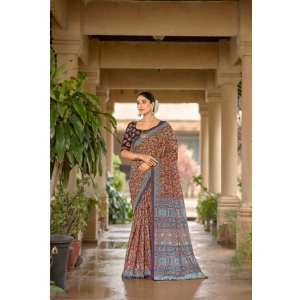 Generic Women's Cotton Printed Saree With Unstitched Blouse 5.5Mtr (Brown)