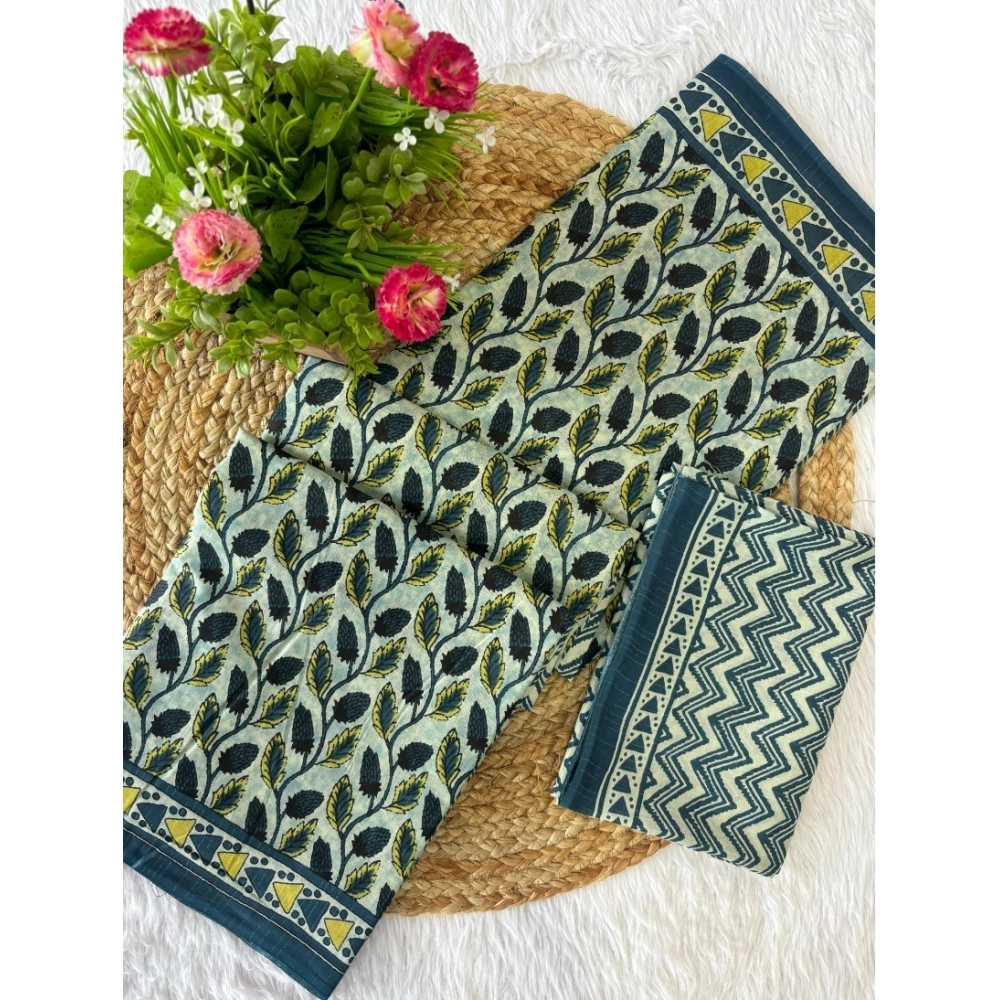 Generic Women's Cotton Printed Saree With Unstitched Blouse 5.5Mtr (Green)