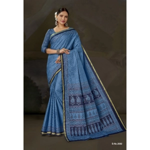Generic Women's Cotton Printed Saree With Unstitched Blouse 5.5Mtr (Blue)