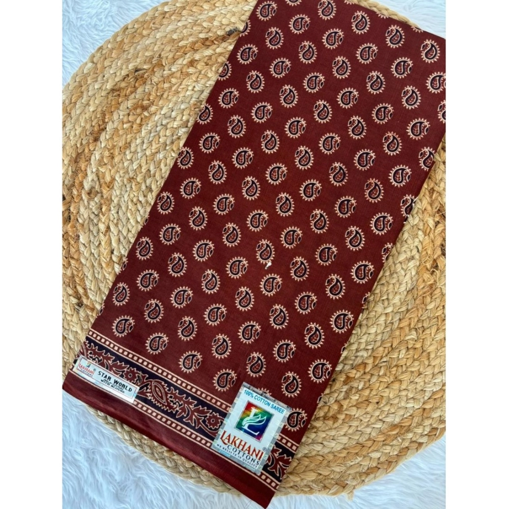 Generic Women's Cotton Printed Saree With Unstitched Blouse 5.5Mtr (Brown)