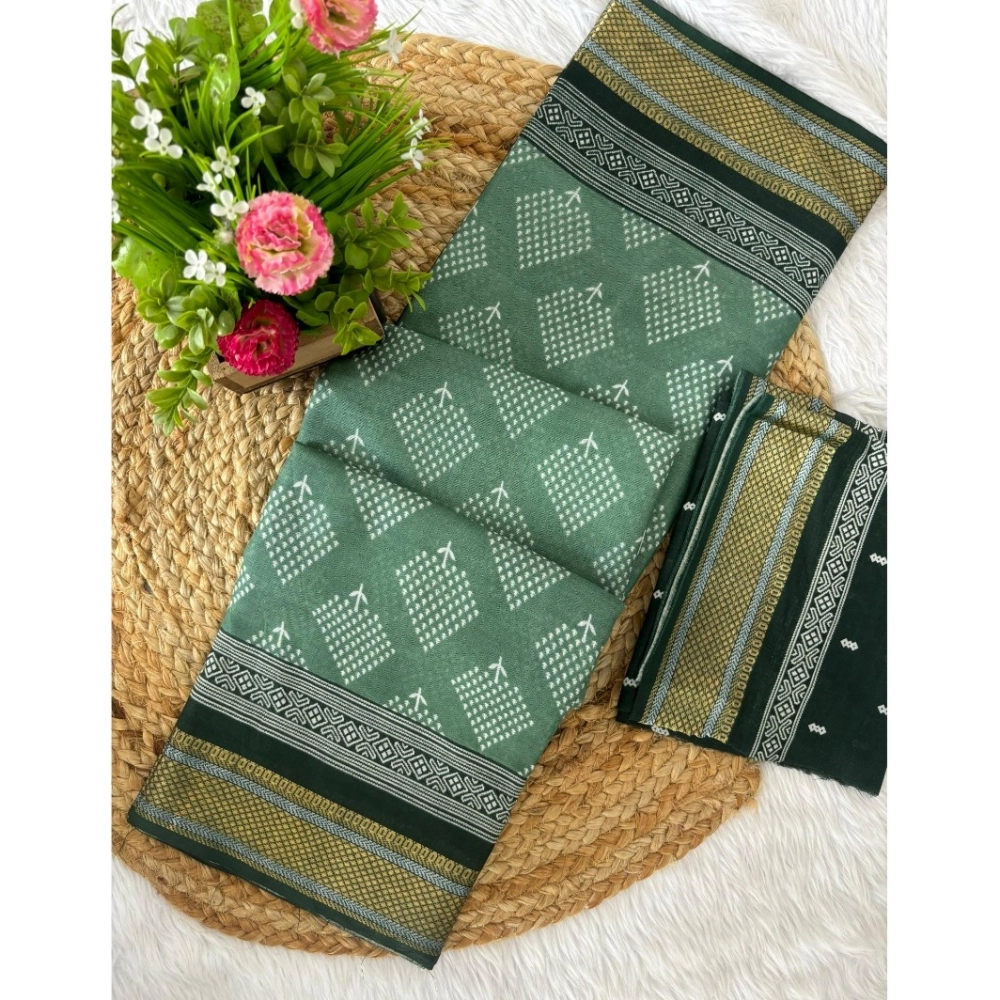 Generic Women's Cotton Printed Saree With Unstitched Blouse 5.5Mtr (Green)