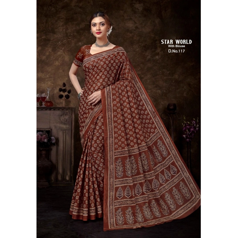 Generic Women's Cotton Printed Saree With Unstitched Blouse 5.5Mtr (Brown)