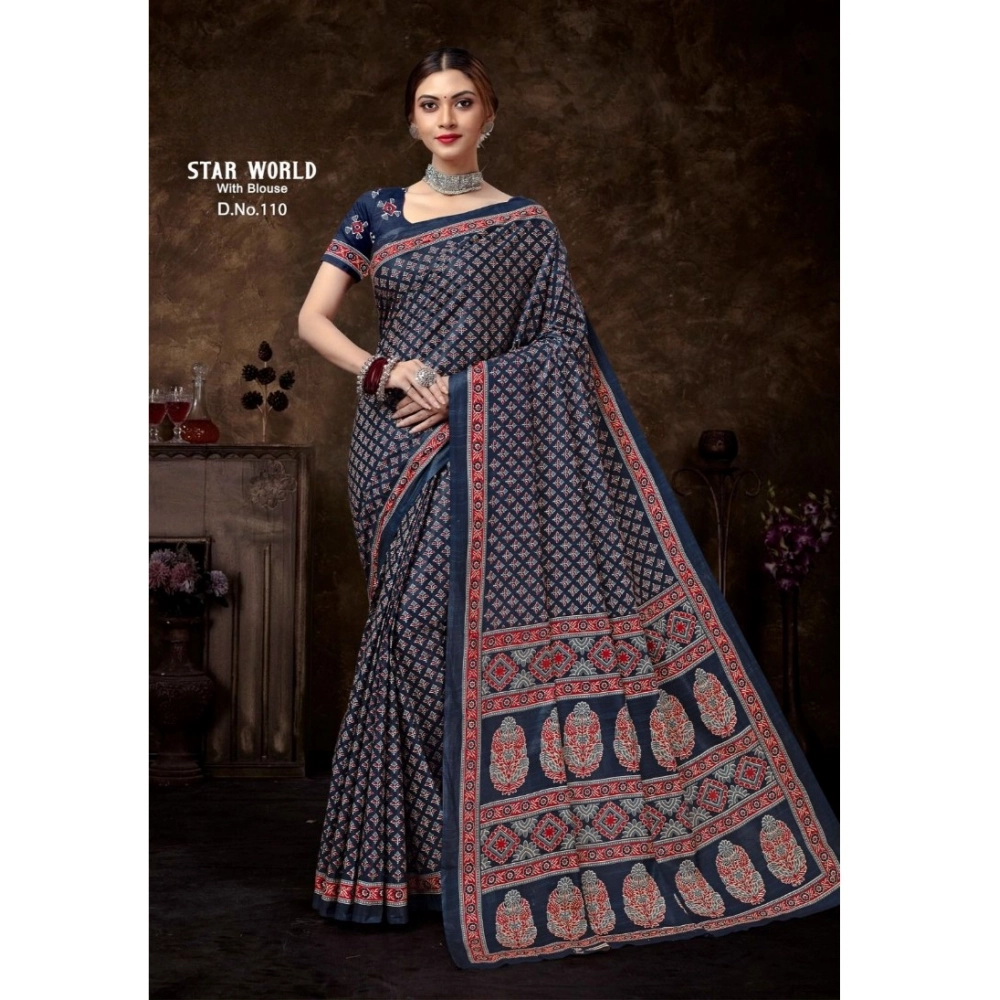 Generic Women's Cotton Printed Saree With Unstitched Blouse 5.5Mtr (Blue)