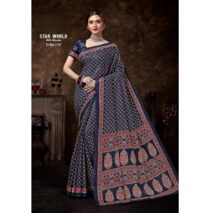 Generic Women's Cotton Printed Saree With Unstitched Blouse 5.5Mtr (Blue)