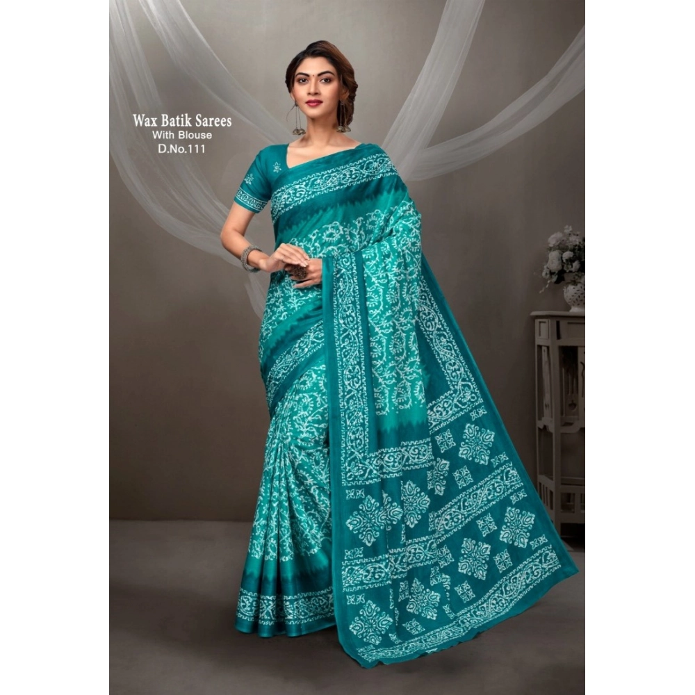 Generic Women's Cotton Printed Saree With Unstitched Blouse 5.5Mtr (Turquoise Green)