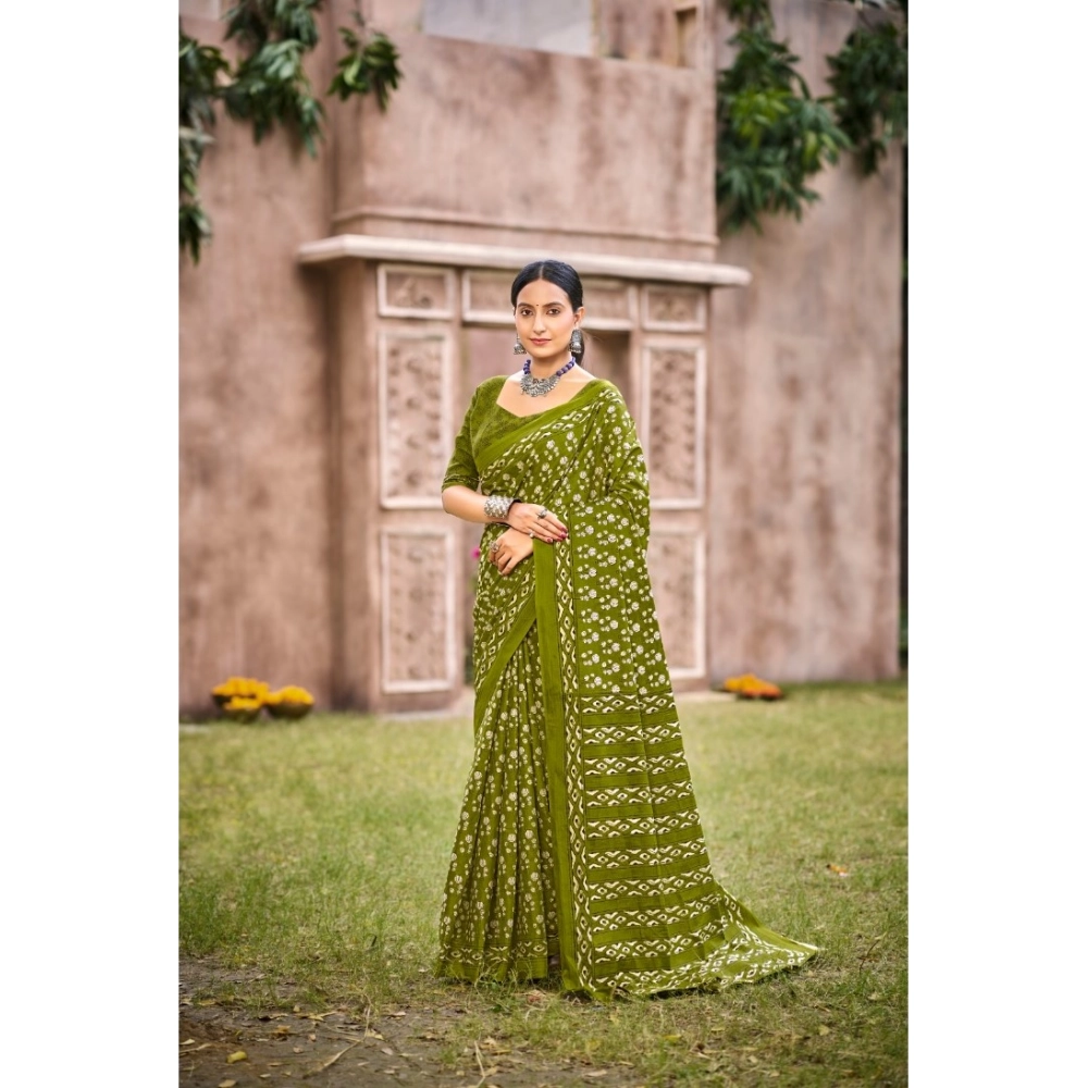 Generic Women's Cotton Printed Saree With Unstitched Blouse 5.5Mtr (Green)
