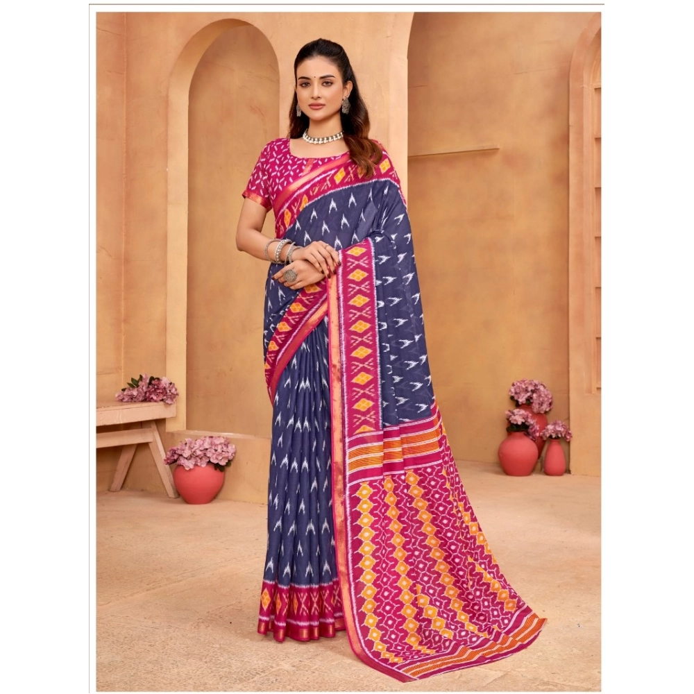 Generic Women's Cotton Printed Saree With Unstitched Blouse 5.5Mtr (Blue)