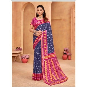 Generic Women's Cotton Printed Saree With Unstitched Blouse 5.5Mtr (Blue)