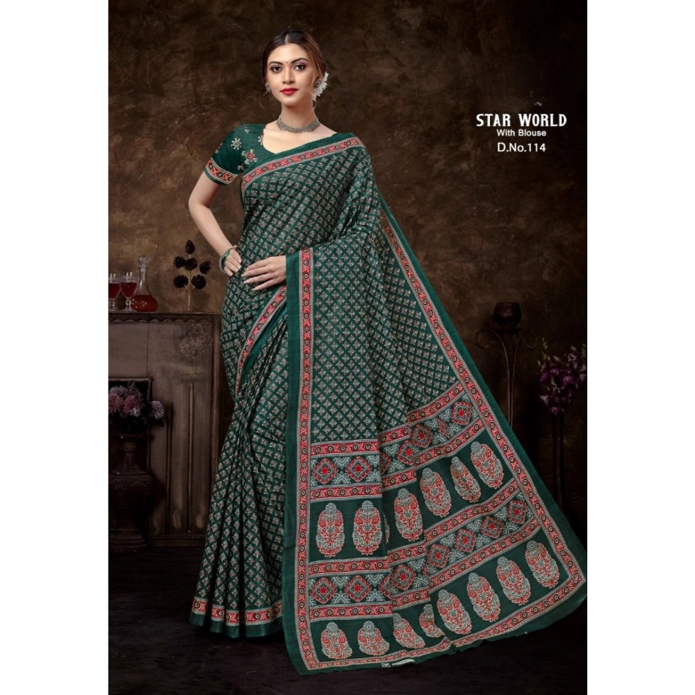 Generic Women's Cotton Printed Saree With Unstitched Blouse 5.5Mtr (D.Green)