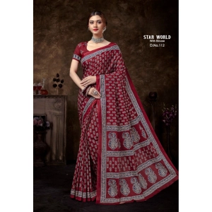 Generic Women's Cotton Printed Saree With Unstitched Blouse 5.5Mtr (Red)