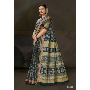 Generic Women's Cotton Printed Saree With Unstitched Blouse 5.5Mtr (Blue)