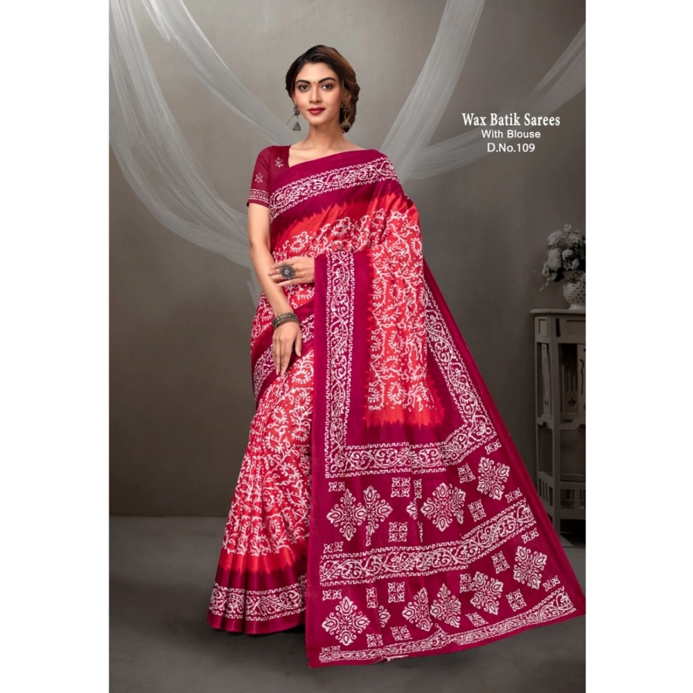 Generic Women's Cotton Printed Saree With Unstitched Blouse 5.5Mtr (Pink)