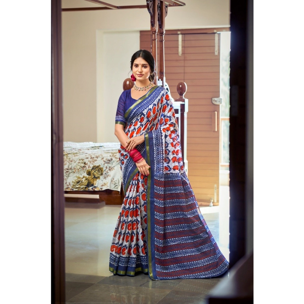 Generic Women's Cotton Printed Saree With Unstitched Blouse 5.5Mtr (Blue)