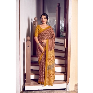 Generic Women's Cotton Printed Saree With Unstitched Blouse 5.5Mtr (Mustard)