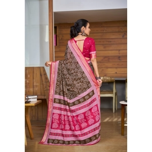 Generic Women's Cotton Printed Saree With Unstitched Blouse 5.5Mtr (Brown)