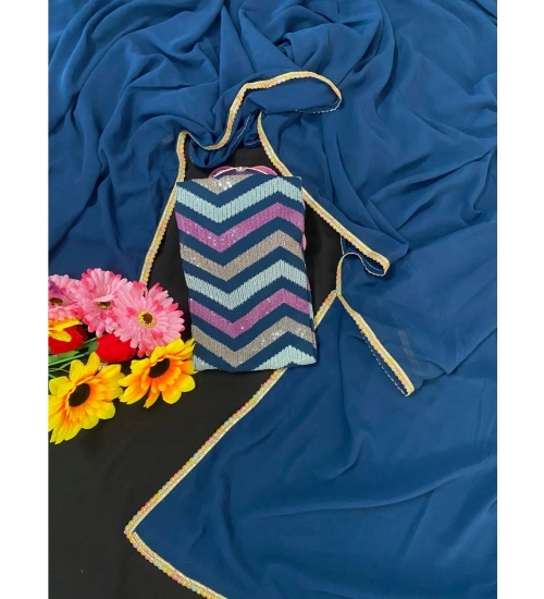 Women's Fox Georgette  Solid Saree With Unstitched Blouse 5.5Mtr (Blue)