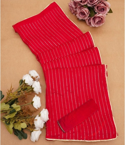 Women's Vichitra Silk Striped Saree With Unstitched Blouse 5.5Mtr (Red)