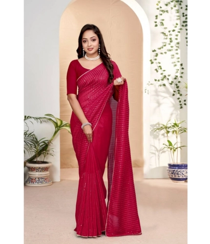 Women's Vichitra Silk Striped Saree With Unstitched Blouse 5.5Mtr (Pink)