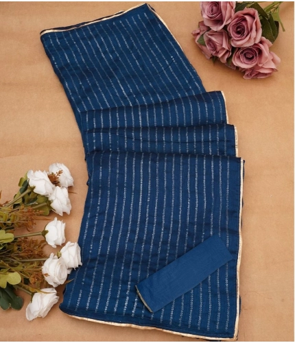 Women's Vichitra Silk Striped Saree With Unstitched Blouse 5.5Mtr (Blue)