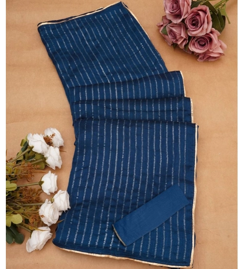 Women's Vichitra Silk Striped Saree With Unstitched Blouse 5.5Mtr (Blue)