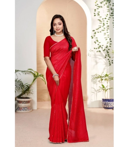 Women's Vichitra Silk Striped Saree With Unstitched Blouse 5.5Mtr (Red)