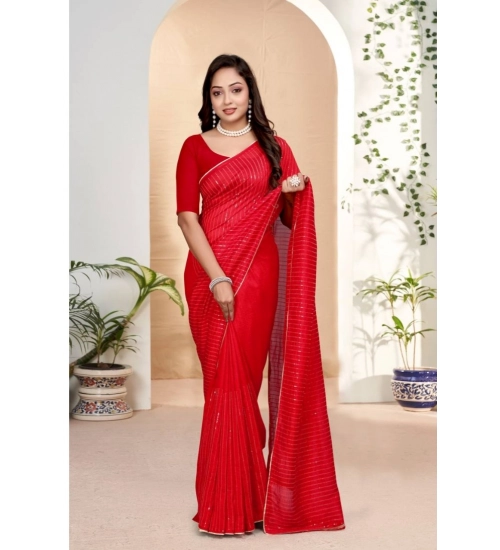 Women's Vichitra Silk Striped Saree With Unstitched Blouse 5.5Mtr (Red)